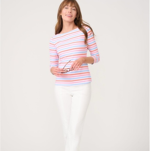 J. McLaughlin Pink and Blue Fitted 3/4 Sleeve Top - Picture 2 of 13